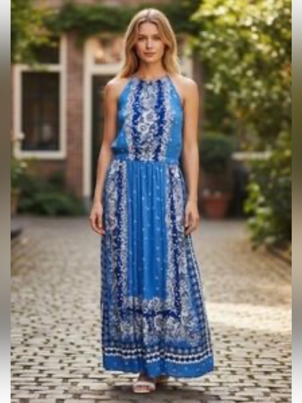 NWT LOFT Boho Border Print Open
Back Midi Dress Blue Floral Pockets XXS US 00